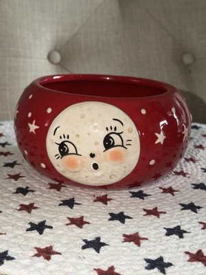 Johanna Parker Red Luna Moon Man Decorative Bowl Patriotic Stars July 4th HTF