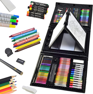 185 Pieces Double Sided Trifold Easel Art Set, Drawing Art Box with Oil Pastels,