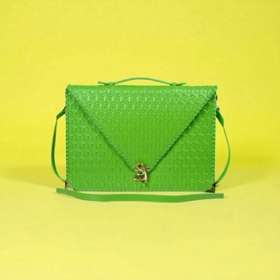 Sassy Jones Neo Green Embossed Leather Laptop Case Oversized Envelope Clutch NEW