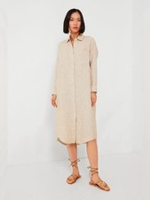 Faherty Long Sleeve Midi Button Front Striped Beige Linen Shirt Dress Minimalist
