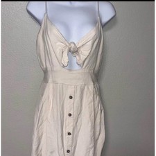 Express Midi Dress Womens L Cream Linen Blend Tie Front Button Down Boho Summer
