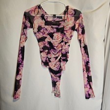 Forever 21 Womens Small Floral Mesh Ruched Long Sleeve Bodysuit Pink Square neck