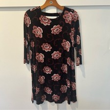 Loft Women's Black Dress Pink Flowers Swing 3/4 Sleeve Casual Small Petite