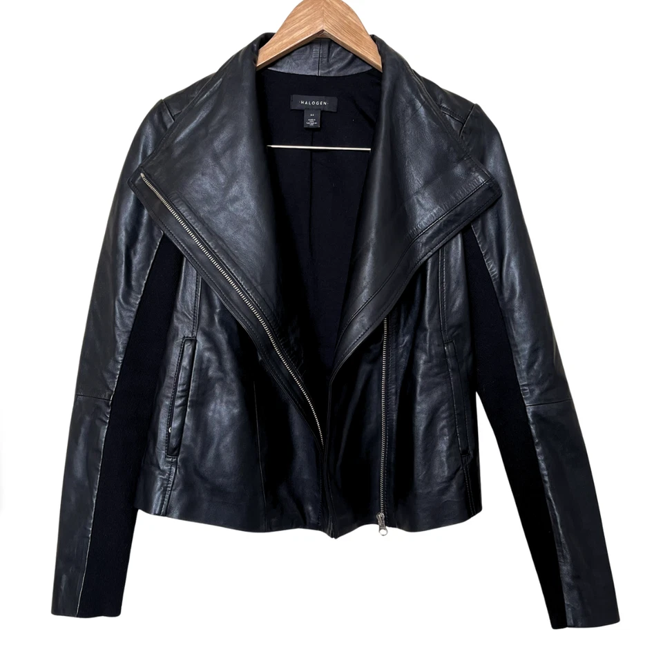 Halogen Genuine Leather Moto Jacket XS Black Biker Ribbed Sleeves MSRP $299 - Image 4 of 4
