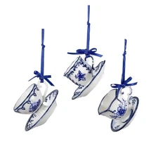 Kurt Adler Porcelain Christmas Ornaments, Blue Cup and Saucer (Pack of 3)