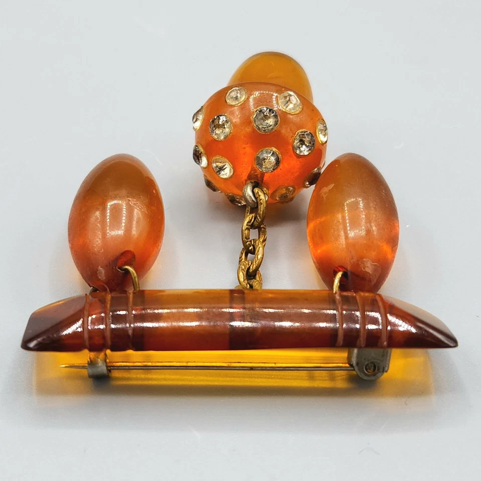 Broche colgante Chatelaine de latón bellota pasta baquelita jugo de manzana vintage PROBADO Foto 3 de 4