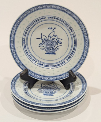 Vintage TIENSHAN Rice Pattern Bread Dessert Plates, Floral Blue & White 7'' Set/4