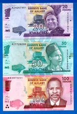 Malawi 20 50 100 Kwacha Uncirculated Banknotes Set #3