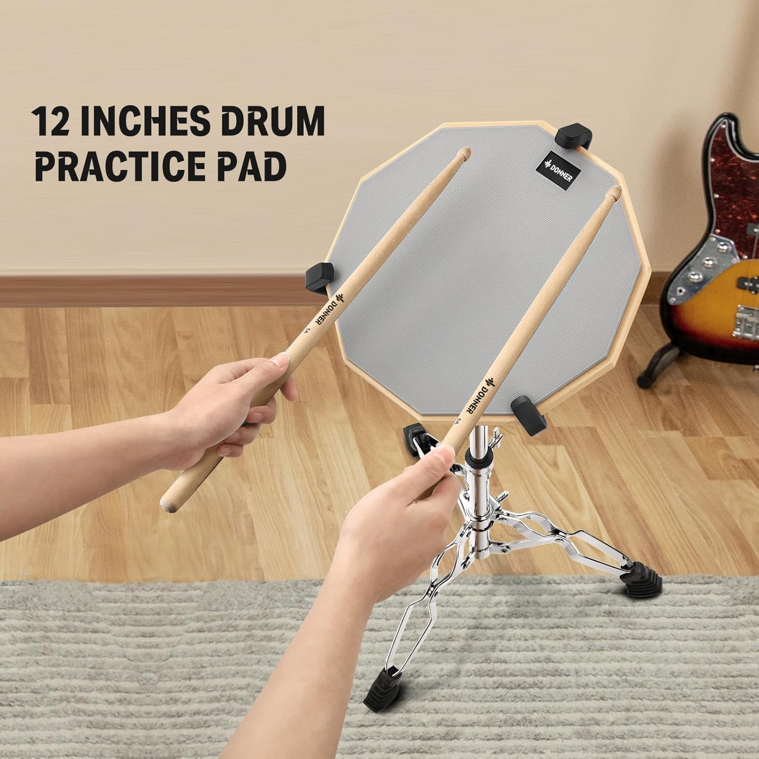 Snare Drum Stand Set with Drum Practice Pad, 12'' Double-Sided Silent Drum Pad S