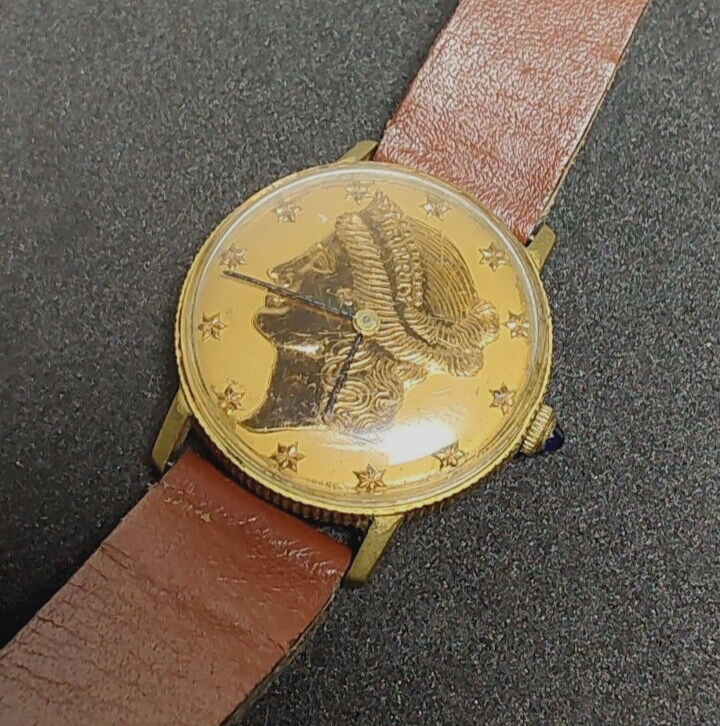 Vintage Lady Liberty Coin Yellow Gold color Mechanical Men's Watch