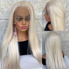 Long Straight Pale Blonde Full Lace Front Human Hair Blend Heat Ok Wigs Women