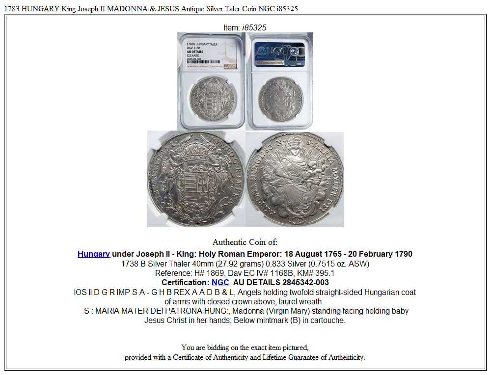 1783 HUNGARY King Joseph II MADONNA & JESUS Antique Silver Taler