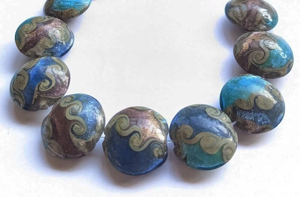 Cuentas de vidrio de murano hechas a mano 18 mm lenteja color azul 4 cuentas (#a68) Foto 2 de 2