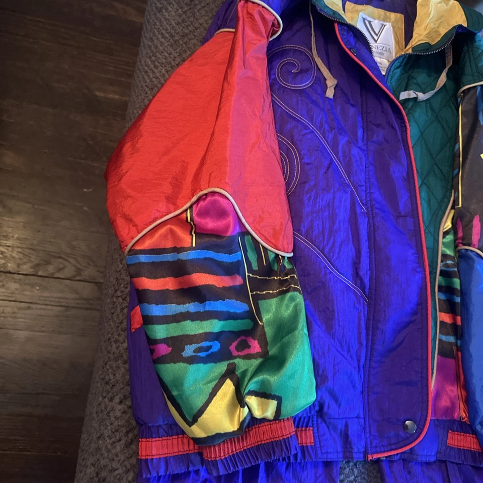 Terno de pista vintage Venezia roxo amarelo vermelho funky abstrato Picasso feminino 14/16 - Imagem 4 de 4