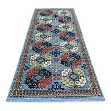4'1"x9'9" Extra Soft Wool Hand Knotted Blue Afghan Ersari Wide Runner Rug R70392