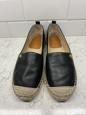 Ralph Lauren Black Tumbled Leather Cameron Espadrille 7 B Excellent Condition