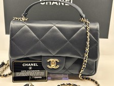 Authentic Chanel Tap Handle Flap Quilted Lambskin Bag Navy New