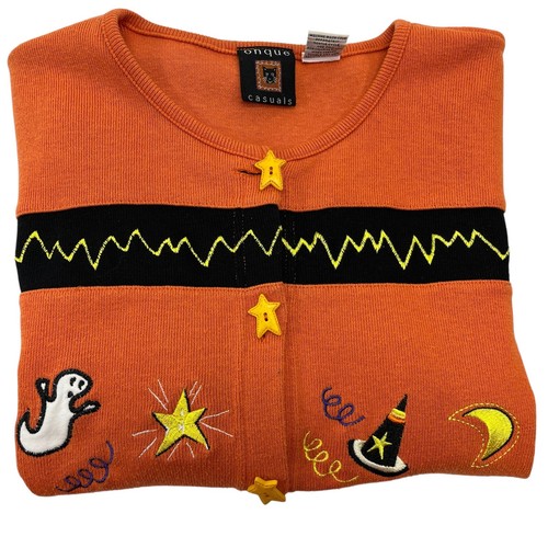 Halloween Cardigan Sweater Orange Witch Ghost Haunted House Onque Casuals Sz Med - Picture 2 of 14