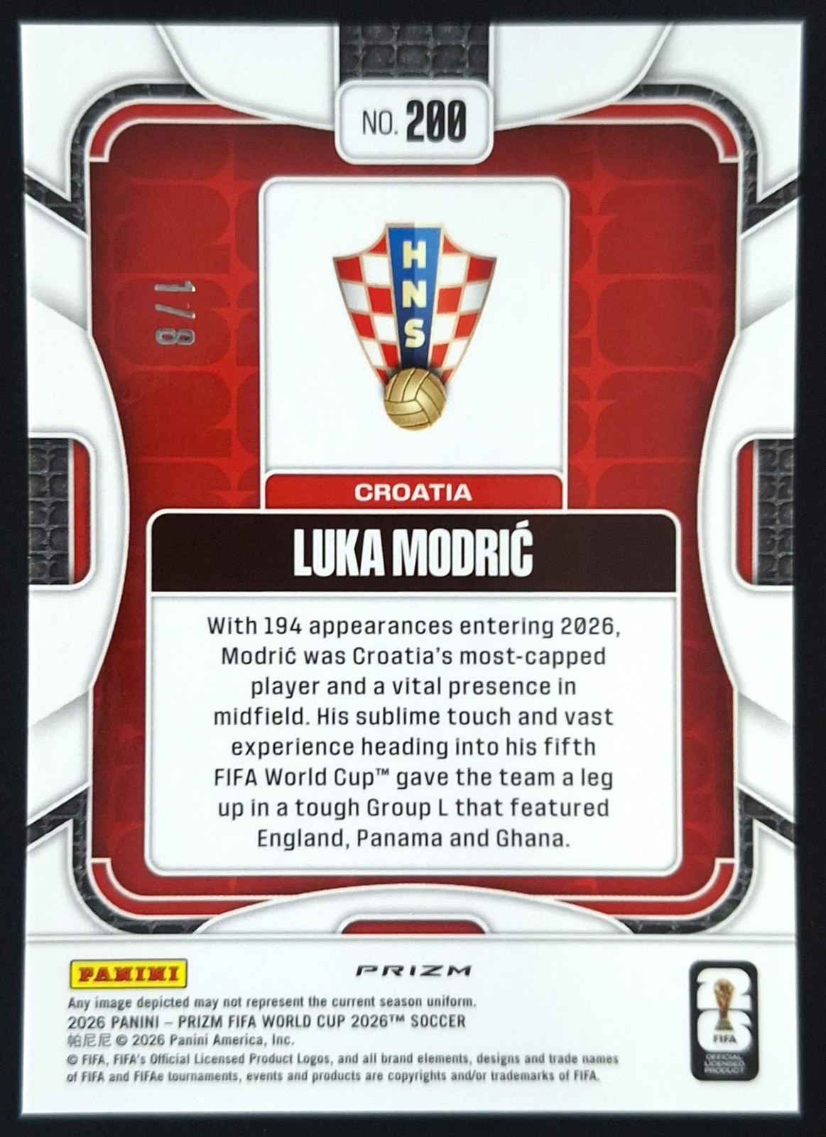2026 Panini Prizm FIFA W/C LUKA MODRIC 1/8 Bookend Black & Gold Wave Prizm #200 view 2