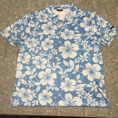 Yatta Golf Polo Shirt Mens L Blue Performance AOP Hawaiian Hibiscus Flower