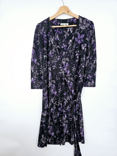 Laura Ashley Wrap Dress Size UK 12 Floral Purple Knee Length 3/4 Sleeve Stretch - Picture 1 of 9