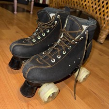 Unisex light up Wheels Blue Roller Skates High-Top Shoes Black Cowhide, 8 w/bag