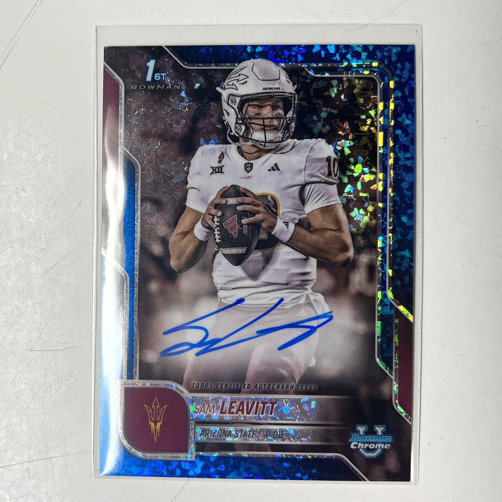 2025 Bowman Chrome University Sam Leavitt Blue Refactor 1st Auto #/150 ASU