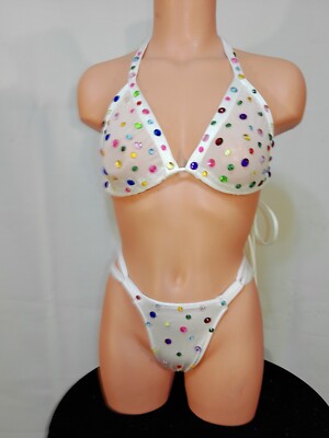 Exotic dancer stripper white two piece bikini dance outfit w rhineston-dancewear