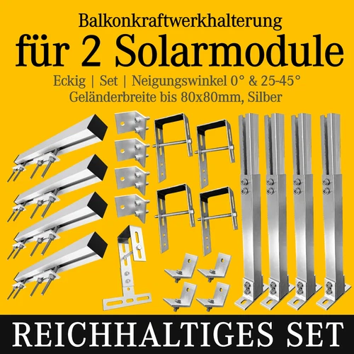 PV Balkonkraftwerkhalterung Geländer Befestigung 2 Solarmodule 0°& 25-45° ECKIG