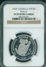 1992-P $100 AUSTRALIA KOALA PROOF PLATINUM 1 Oz NGC PR69 PF69 Mintage : ONLY 300 4995.00 per troy oz