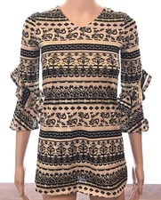 Amy Wear Womens Dress Shirt Small 7-8 Layered Sleeves Tan Black Gold Top Long