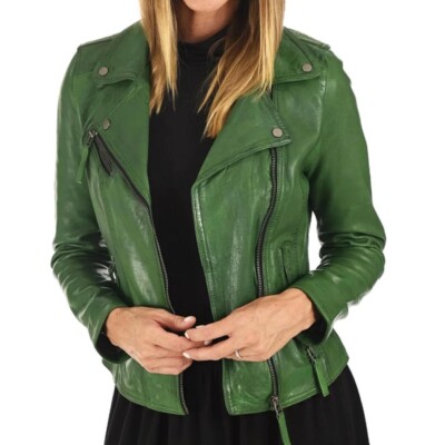 NOORA Women's Green Lambskin Leather Biker Jacket, Stylish Party & Occasion Wear