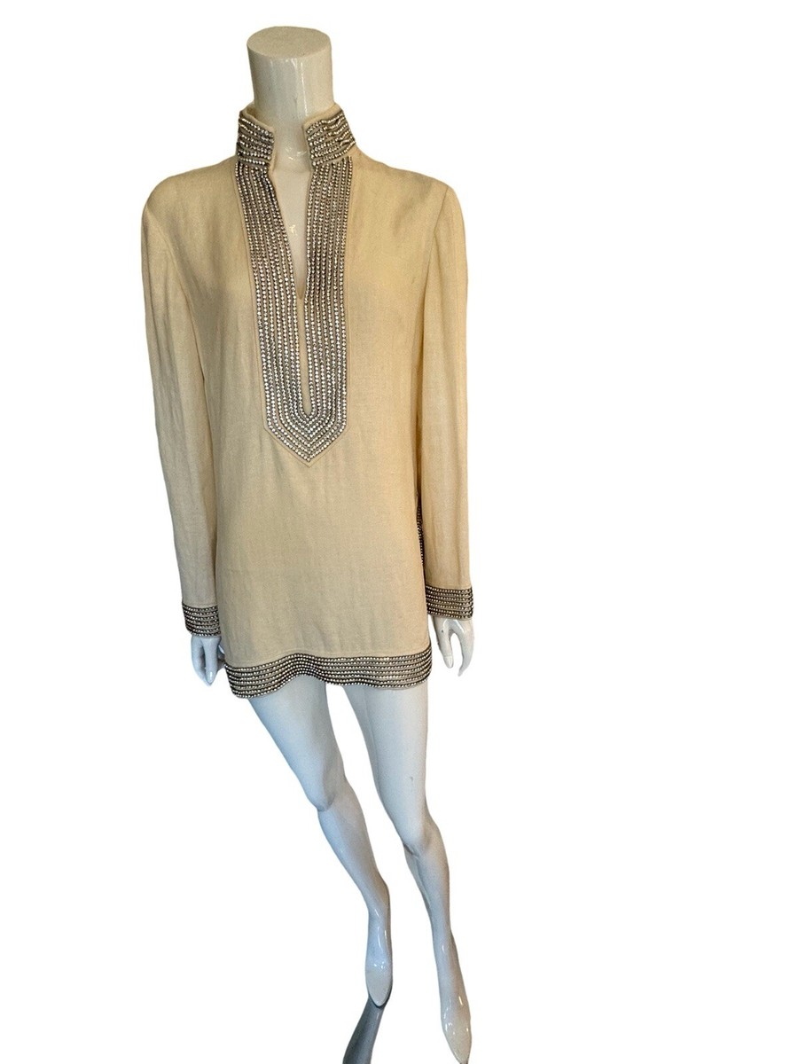 TORY BURCH ホワイト ハイネック半袖ニット TORY BURCH Ivory Linen Tunic Top Crystal Rhinestone