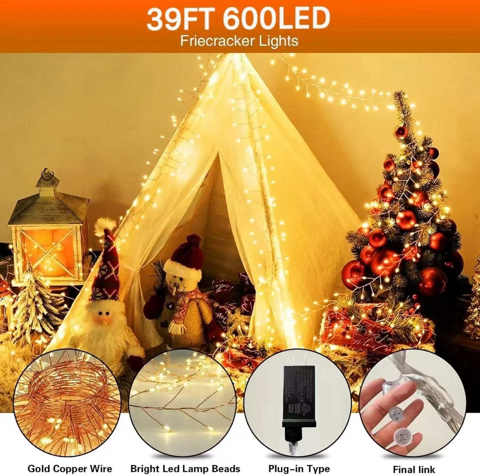 39FT/600LED Plug in Cluster Lights Waterproof Firecracker Starry String Lights - Image 2 of 4