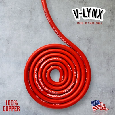 V-LYNX 4 Gauge AWG 100% Copper Red Power Ground Wire VLYNX Car Audio Sold By The Foot