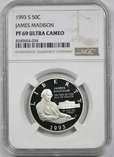 1993-S James Madison 50C NGC PF 69 Ultra Cameo Modern Commemorative Half Dollar