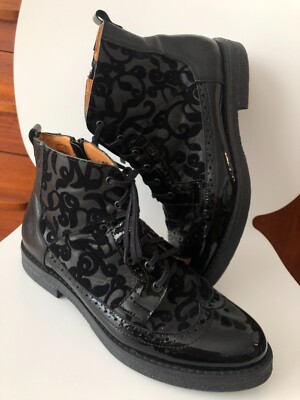EMBASSY HATTER BLACK BOOT FLORAL LEATHER FLOCK LACE-UP ZIP BROGUE UK 9 EU 42