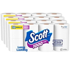 Scott 1000 Trusted Clean Toilet Paper, 32 Rolls, Septic-Safe, 1-Ply Toilet