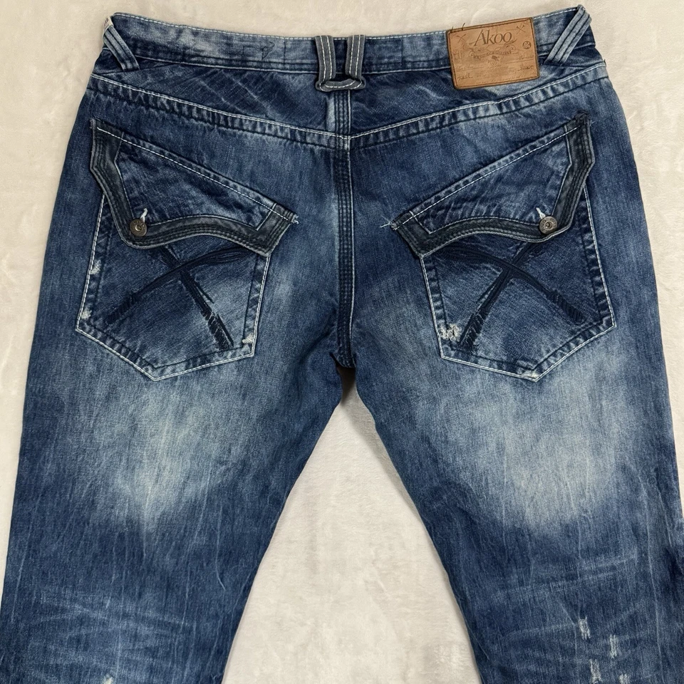 Pantalones de mezclilla relajados de pierna recta Y2K AKOO talla 40 desgastados hip hop pierna ancha patinador Foto 2 de 4