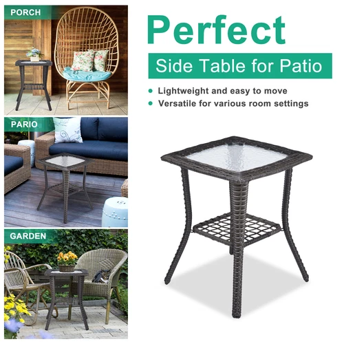 New Outdoor Wicker Side Table Rattan End Table with Glass Top for Indoor Garden - Picture 6 of 9