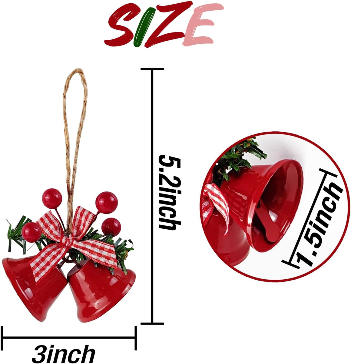 6PCS 3Inch Red Christmas Bells, Tree Hanging Ornament Metal Jingle
