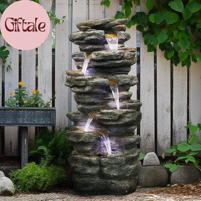 40'' High 6-Tiers Cascading Rock Outdoor Water Fountain with LED Lights - Large O