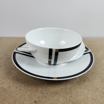 4 Rosenthal Nera Cream Soup Bowls Black & Gold Lines Cupola Shape Studio-Linie