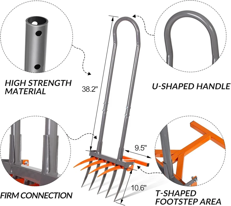 Herramienta de jardín de horquilla ancha, 9 dientes de alta resistencia horquilla ancha cultivadora manual, 2 en 1 Gard... Foto 4 de 4