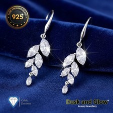 Crystal Leaf Drop Earrings Solid 925 Sterling Silver Luxury Girls Womens Gift UK