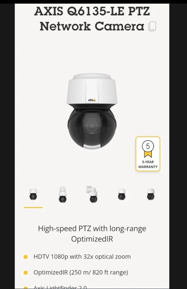 Cámara de seguridad de red Axis Q6135-LE PTZ 01959-004 día noche interior exterior Foto 2 de 4