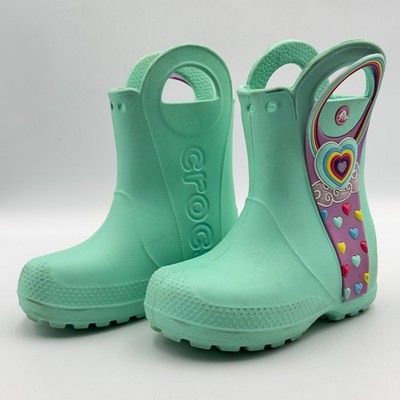 Crocs Kids Handle It Rain Boot Mint Green Rainbow Heart Waterproof Size C8