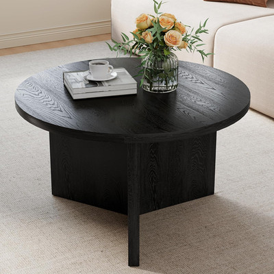 27.5'' round Black Coffee Table, Modern Wood Grain Center Table with Triangle Ped