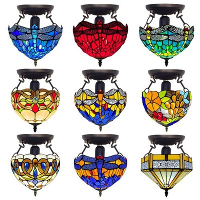 10'' Tiffany Stil Unterputz Deckenleuchte Mehrfarbig Buntglasschirm
