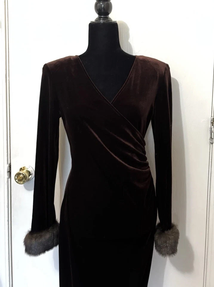 Vintage CACHET Faux Fur Brown Velvet Trim Surplice Maxi Dress Size 6 Elegant - Image 2 of 4